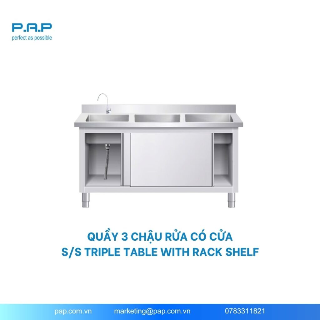 Bàn chậu rửa inox- quầy 3 chậu rửa có cửa